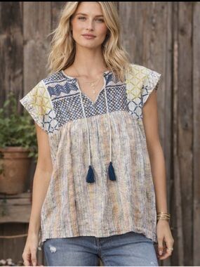 Rachel Roy Boho Patchwork Blouse | Peasant Top | Mixed Print Flowy Tunic